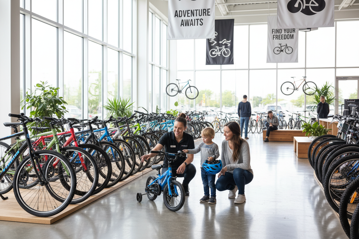 Bright and modern bicycle showroom with a friendly staff member helping a mother and child choose a bike. Wide variety of bikes displayed in a clean, spacious store with large banners and natural lighting. Warm, welcoming atmosphere, realistic photography, high detail, sharp focus.