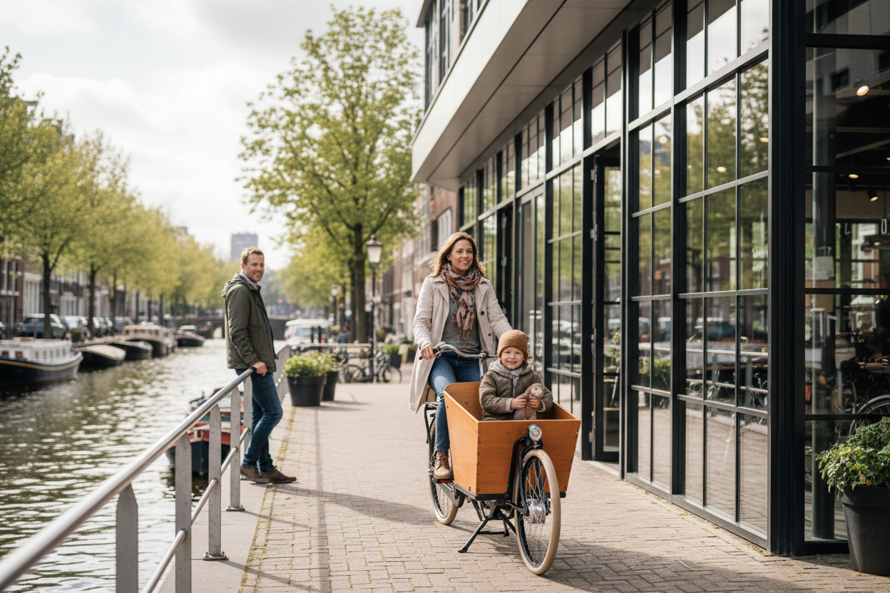Realistic outdoor Dutch scene: a woman riding a bakfiets with a child in the wooden front box, passing in front of a modern bike shop with glass windows and railings. A man stands nearby watching. Bright daylight, natural shadows, canal water behind the railings, professional photography style, no text.